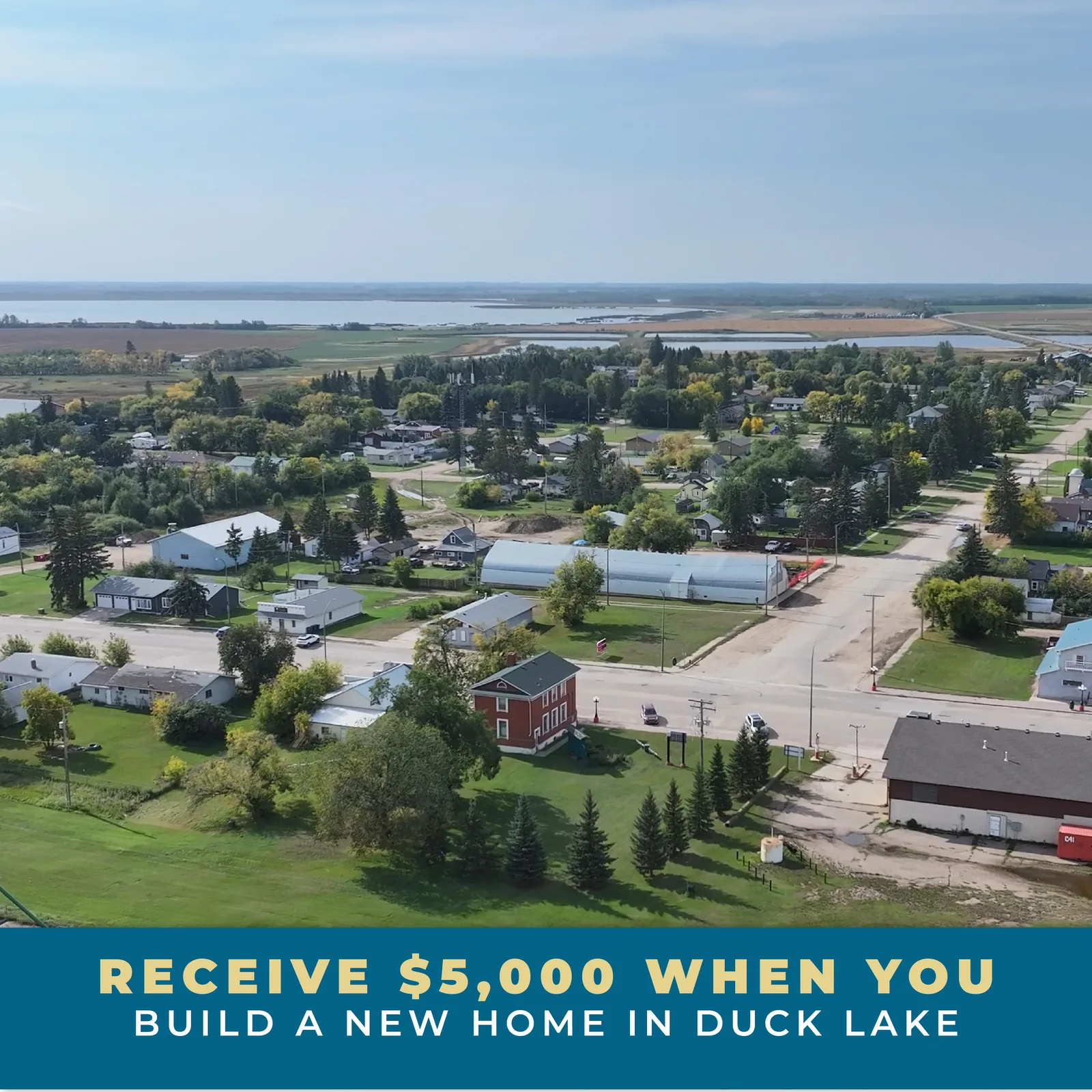 Aerial view of Duck Lake with details about the new home construction grant.